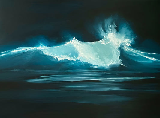 Modern contemporary seascape print featuring reflective ocean light and atmospheric blue tones by Magda Malak