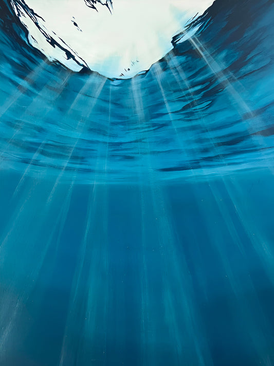 Modern contemporary seascape print featuring reflective ocean light and atmospheric blue tones by Magda Malak