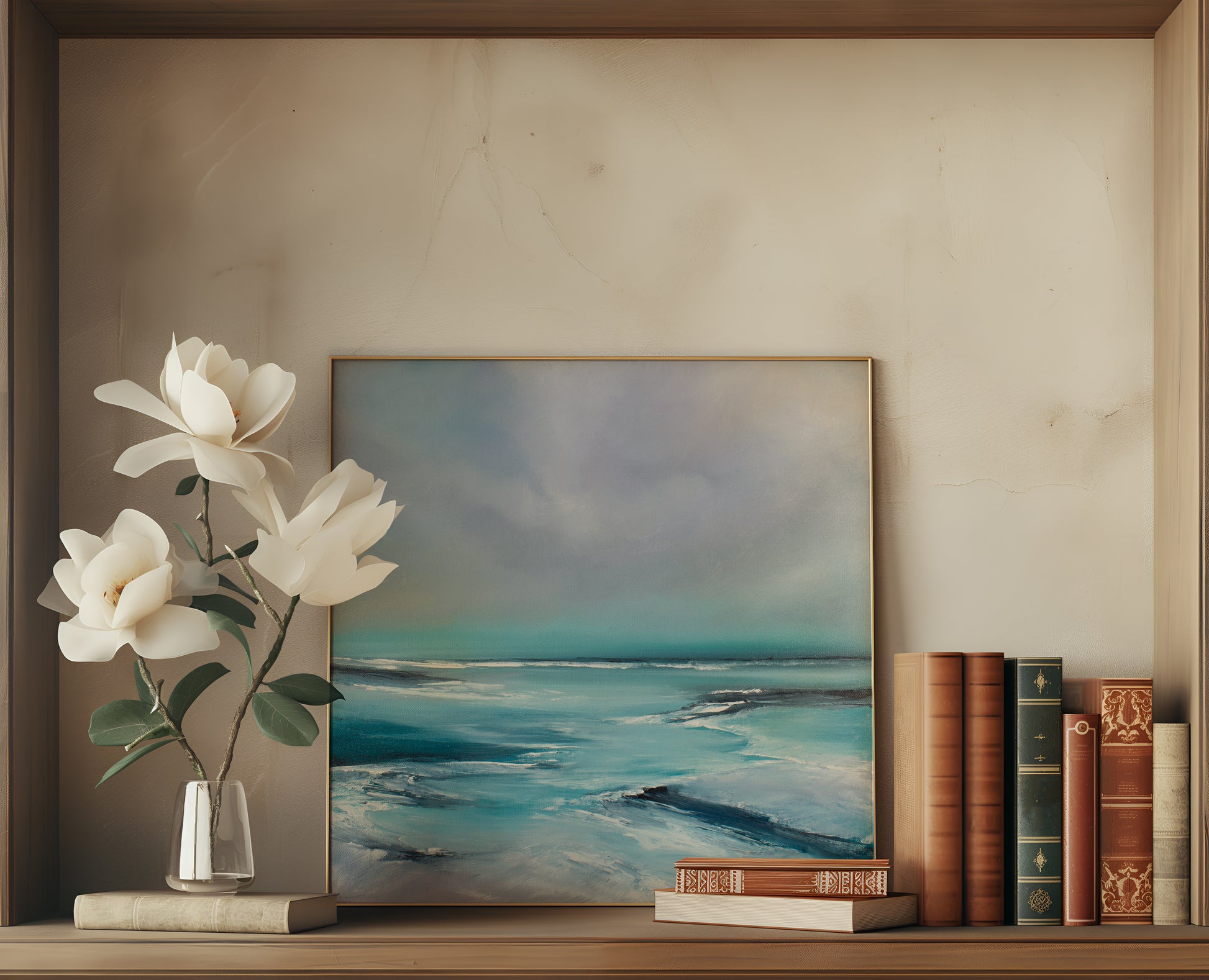 Stillness Original Oil Seascape Framed Canvas Wall Art - Magda Malak Art