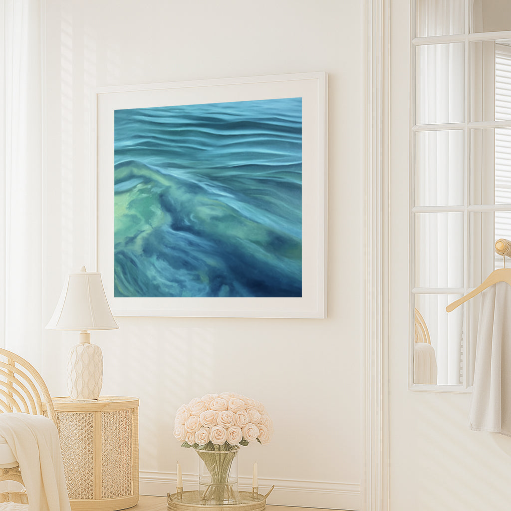 Modern contemporary seascape print featuring reflective ocean light and atmospheric blue tones by Magda Malak