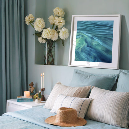 Modern contemporary seascape print featuring reflective ocean light and atmospheric blue tones by Magda Malak