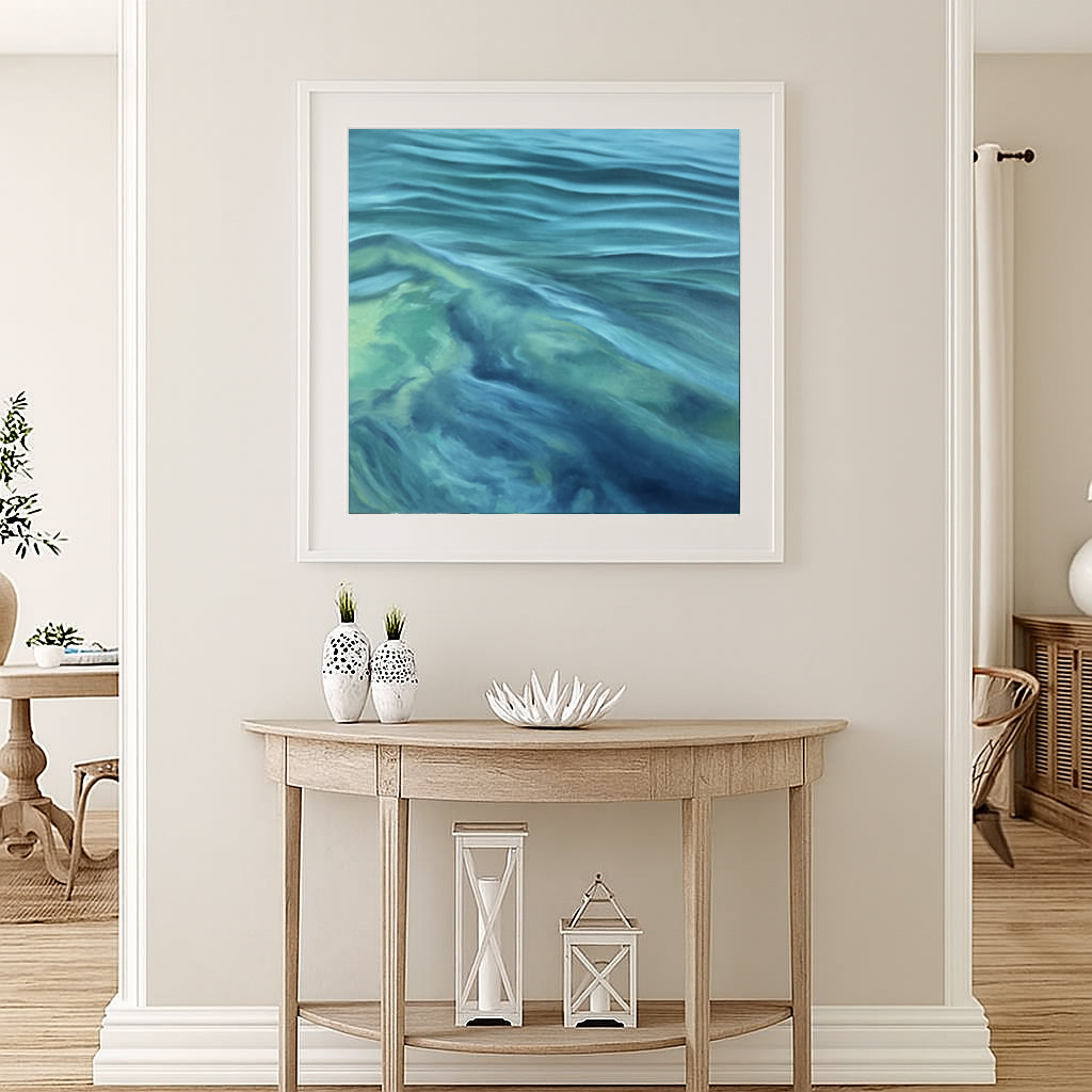 Modern contemporary seascape print featuring reflective ocean light and atmospheric blue tones by Magda Malak