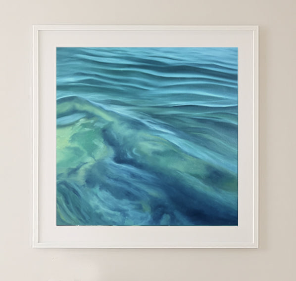 Modern contemporary seascape print featuring reflective ocean light and atmospheric blue tones by Magda Malak
