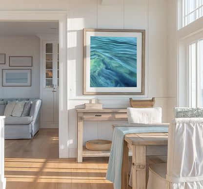 Modern contemporary seascape print featuring reflective ocean light and atmospheric blue tones by Magda Malak