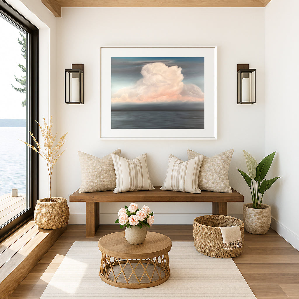 Modern contemporary seascape print featuring reflective ocean light and atmospheric blue tones by Magda Malak