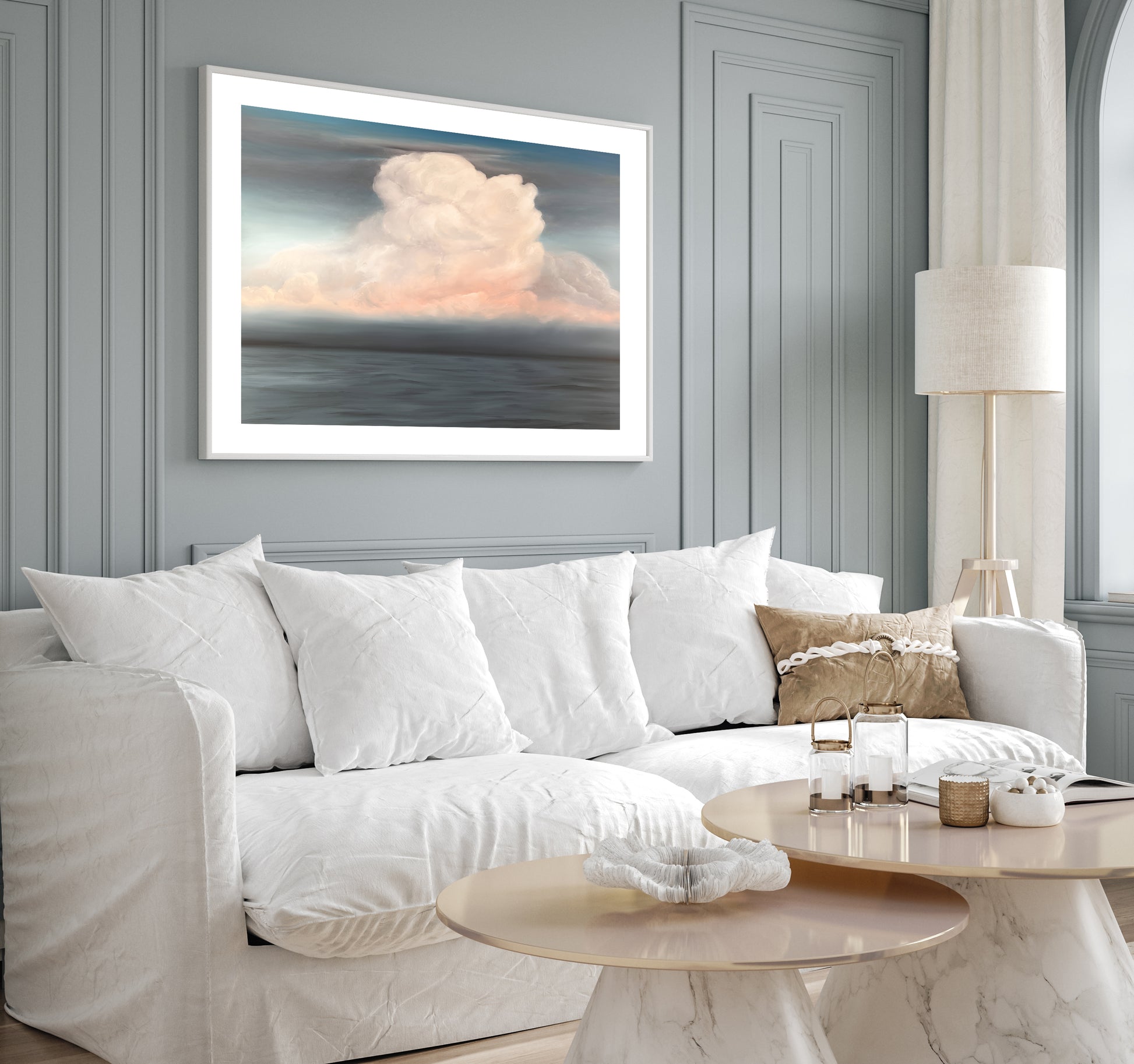 Modern contemporary seascape print featuring reflective ocean light and atmospheric blue tones by Magda Malak