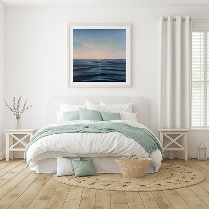 Modern contemporary seascape print featuring reflective ocean light and atmospheric blue tones by Magda Malak