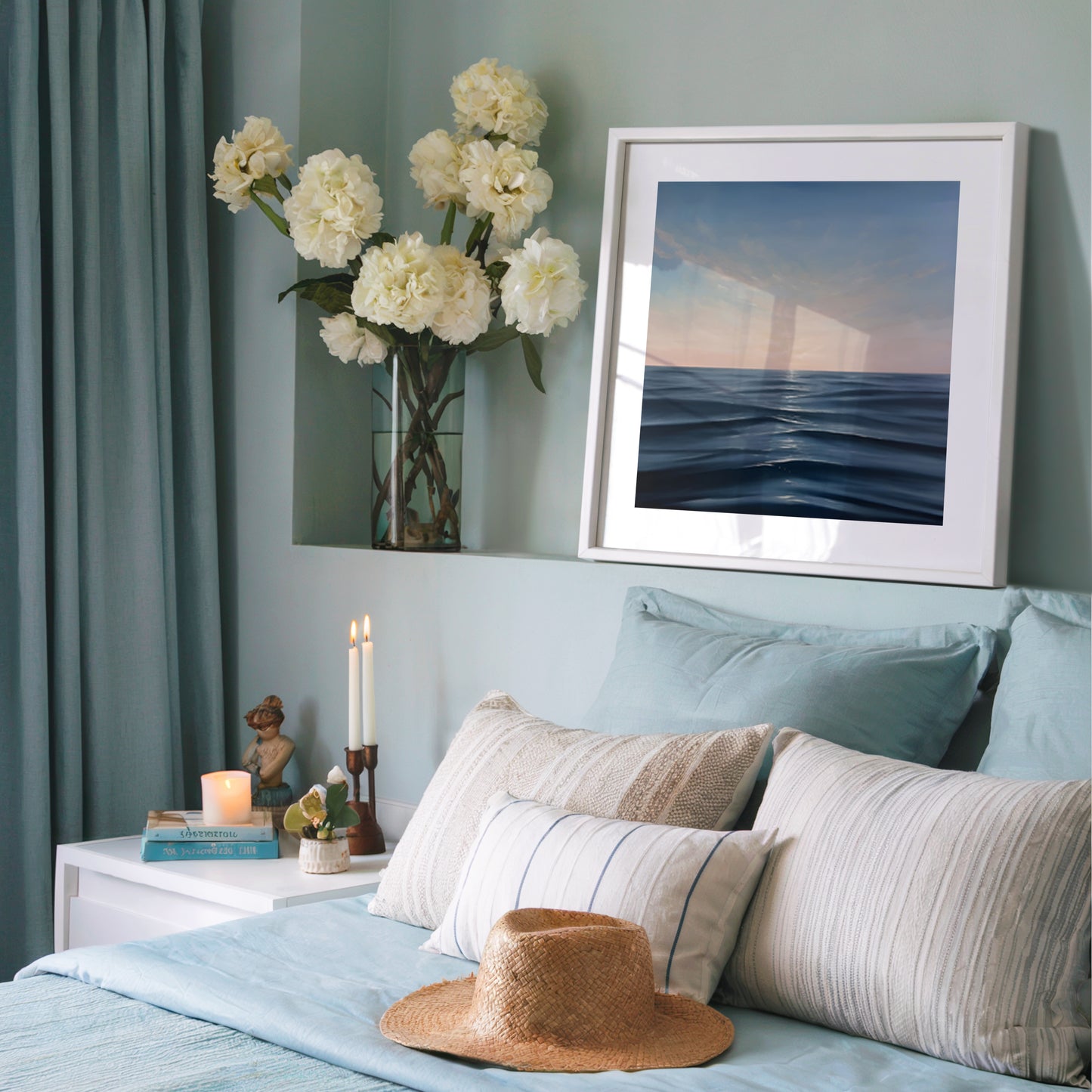 Modern contemporary seascape print featuring reflective ocean light and atmospheric blue tones by Magda Malak