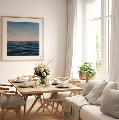 Modern contemporary seascape print featuring reflective ocean light and atmospheric blue tones by Magda Malak
