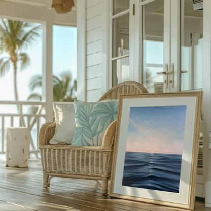 Modern contemporary seascape print featuring reflective ocean light and atmospheric blue tones by Magda Malak