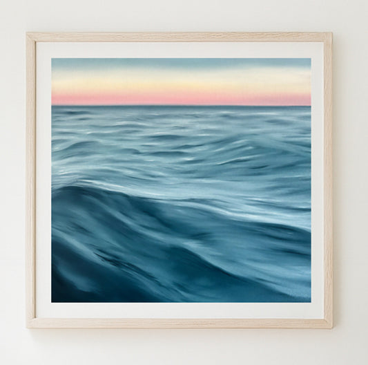 Modern contemporary seascape print featuring reflective ocean light and atmospheric blue tones by Magda Malak