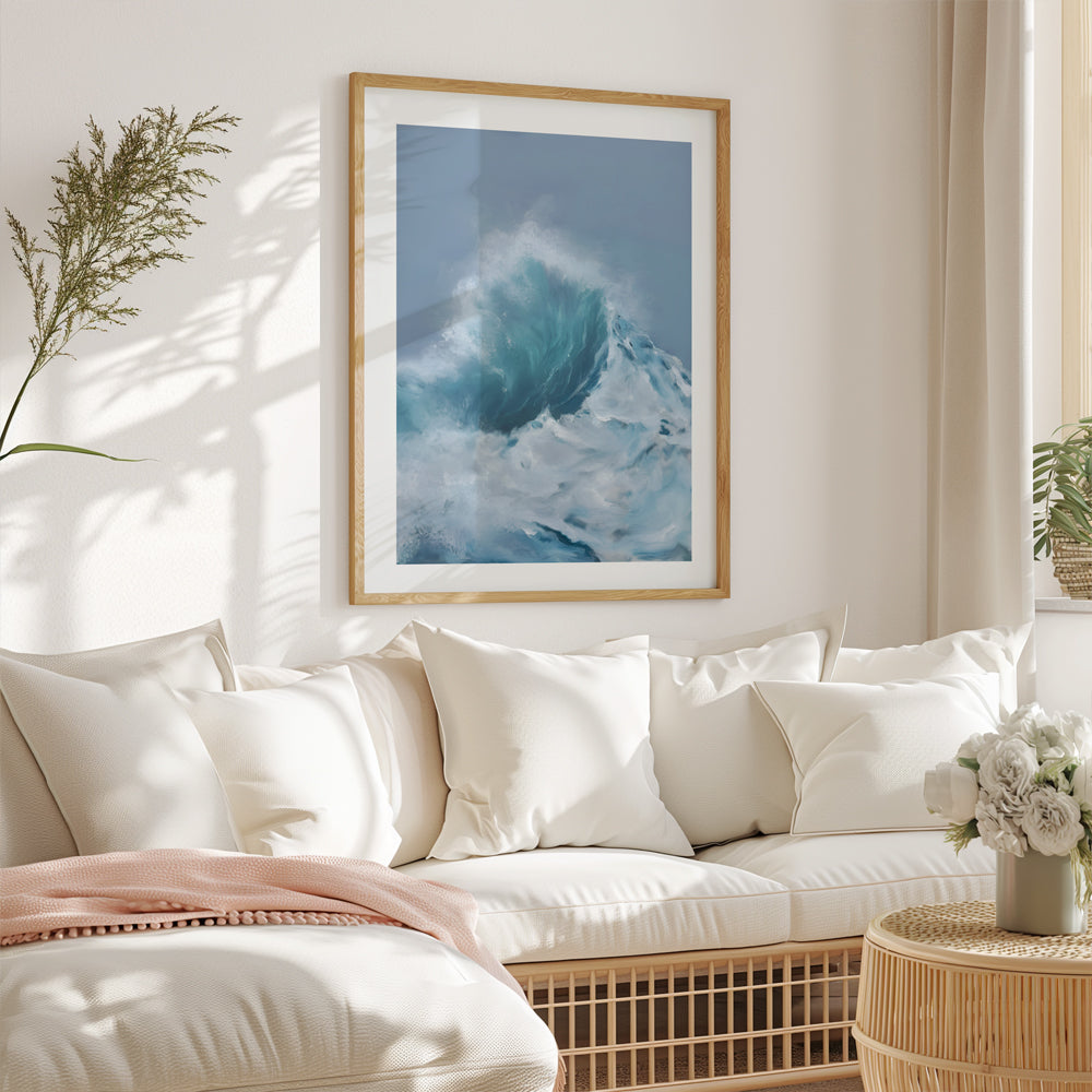 Modern contemporary seascape print featuring reflective ocean light and atmospheric blue tones by Magda Malak
