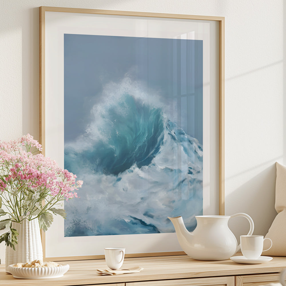 Modern contemporary seascape print featuring reflective ocean light and atmospheric blue tones by Magda Malak