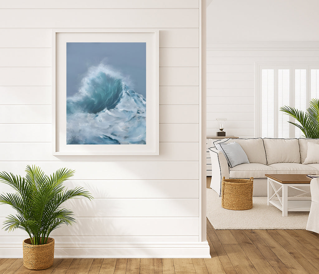 Modern contemporary seascape print featuring reflective ocean light and atmospheric blue tones by Magda Malak
