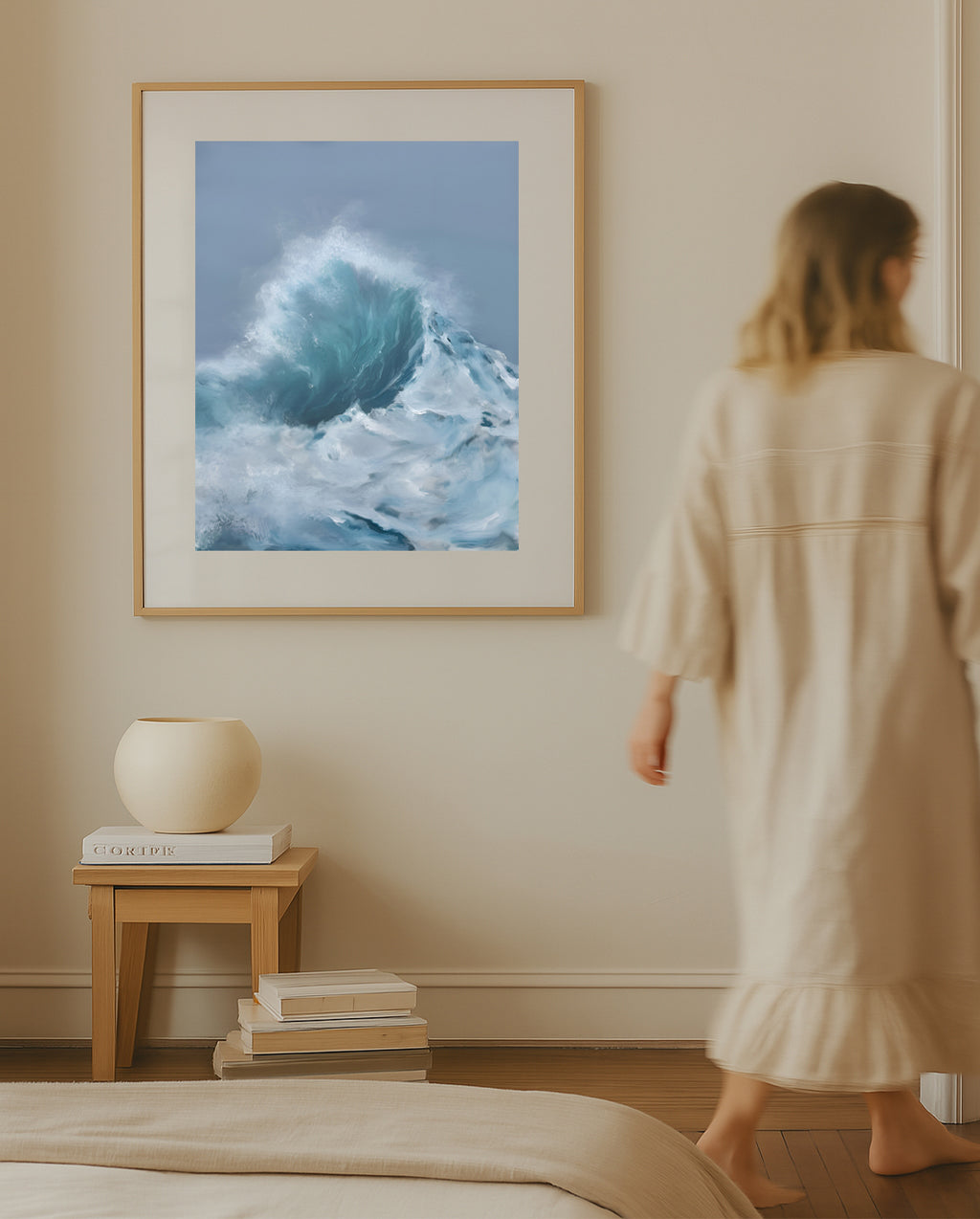 Modern contemporary seascape print featuring reflective ocean light and atmospheric blue tones by Magda Malak