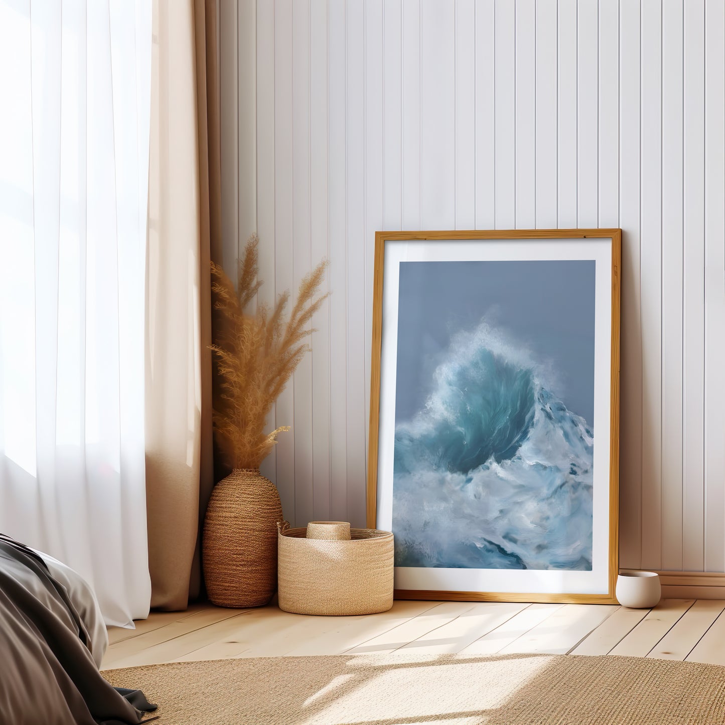 Modern contemporary seascape print featuring reflective ocean light and atmospheric blue tones by Magda Malak