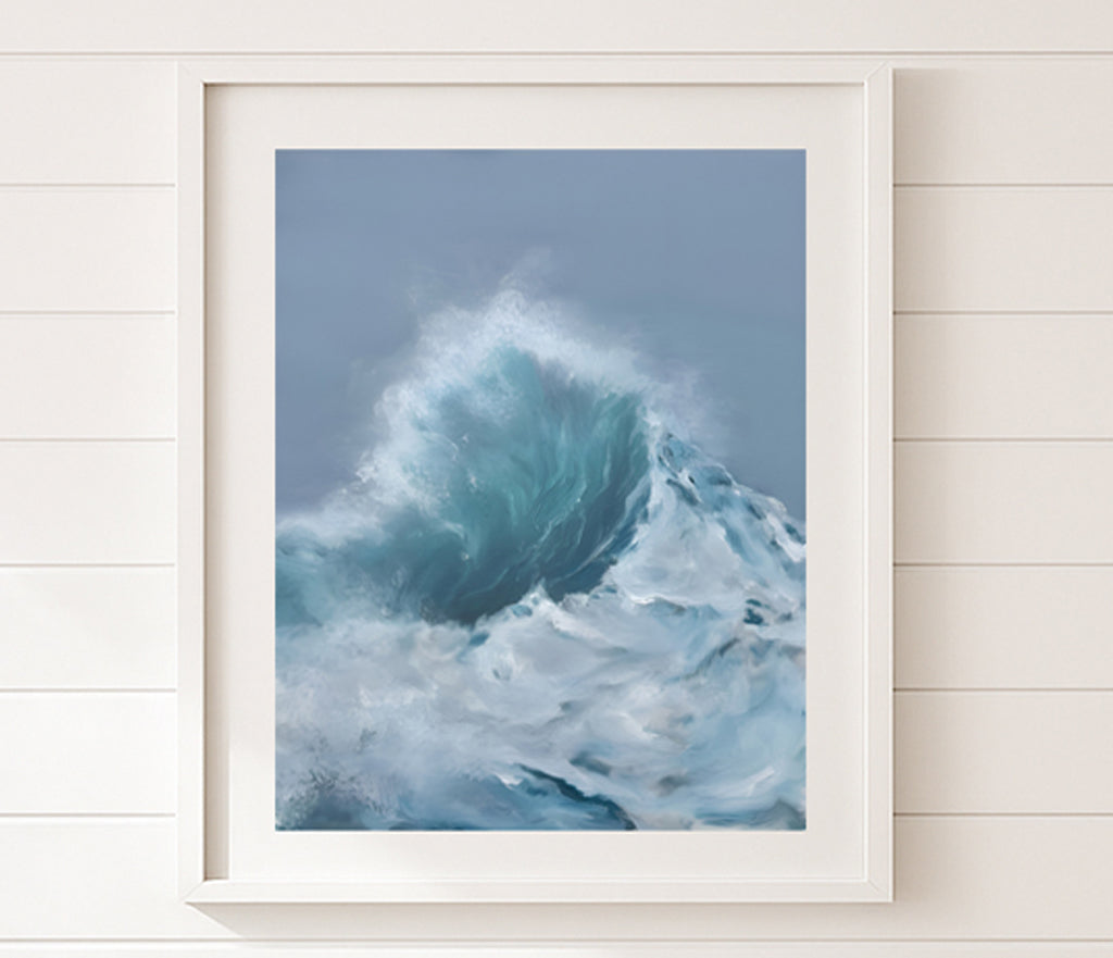 Modern contemporary seascape print featuring reflective ocean light and atmospheric blue tones by Magda Malak