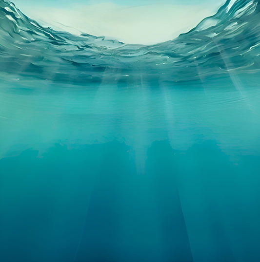 Modern contemporary seascape print featuring reflective ocean light and atmospheric blue tones by Magda Malak