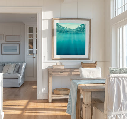 Modern contemporary seascape print featuring reflective ocean light and atmospheric blue tones by Magda Malak
