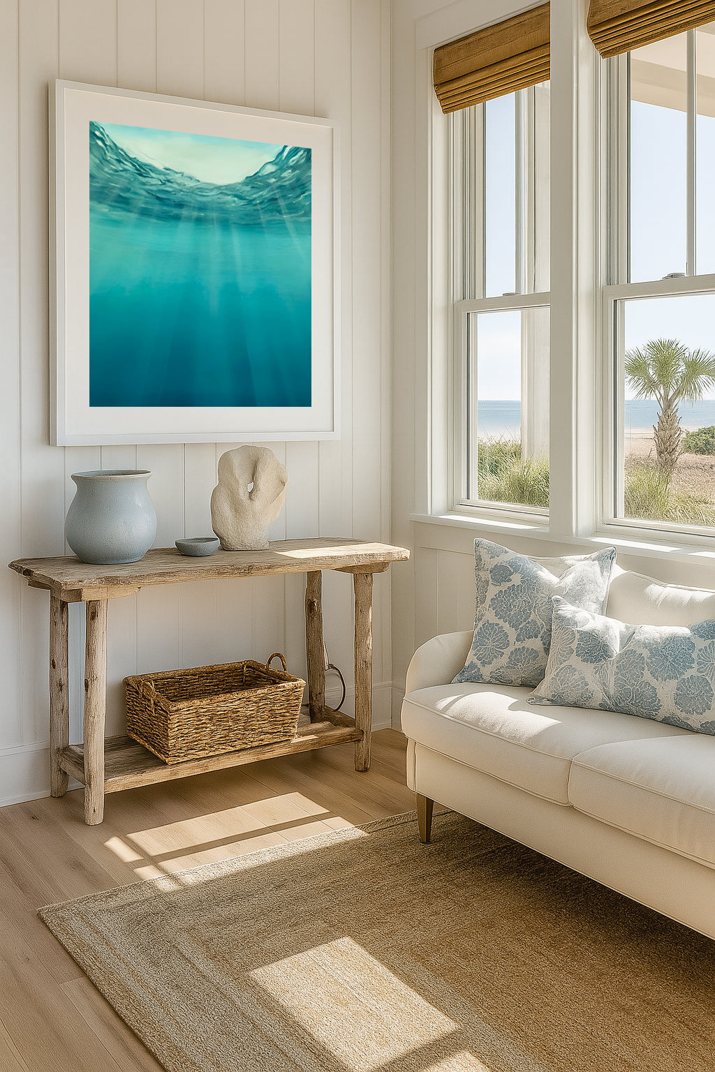 Modern contemporary seascape print featuring reflective ocean light and atmospheric blue tones by Magda Malak