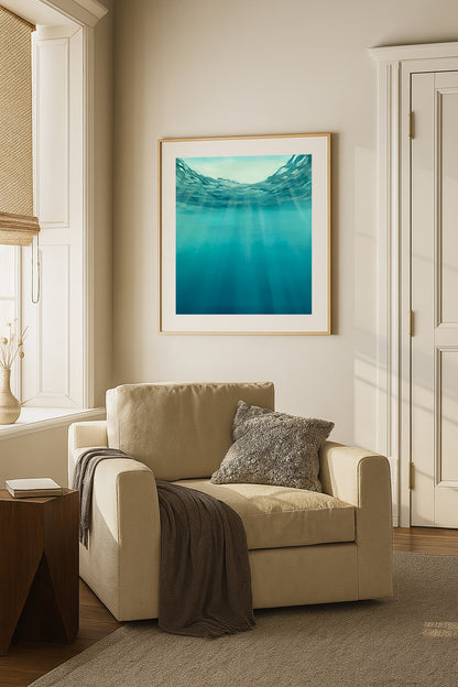 Modern contemporary seascape print featuring reflective ocean light and atmospheric blue tones by Magda Malak