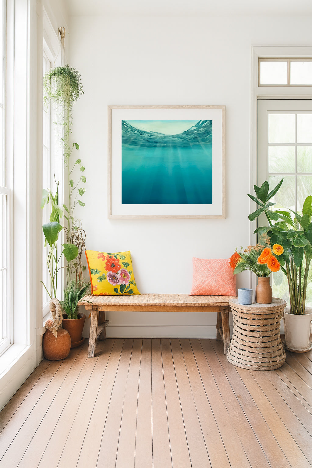Modern contemporary seascape print featuring reflective ocean light and atmospheric blue tones by Magda Malak