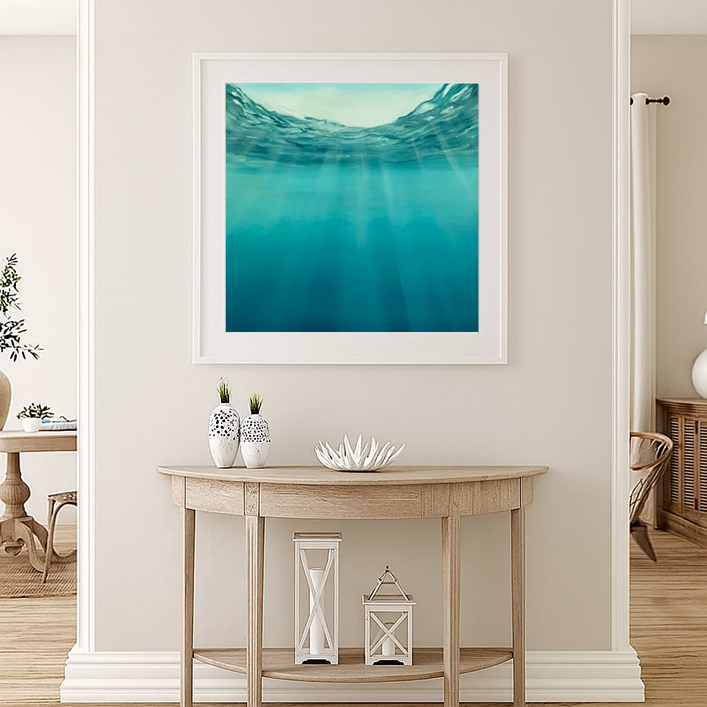 Modern contemporary seascape print featuring reflective ocean light and atmospheric blue tones by Magda Malak