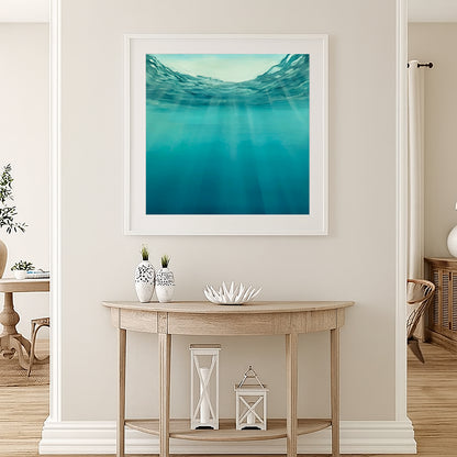 Modern contemporary seascape print featuring reflective ocean light and atmospheric blue tones by Magda Malak