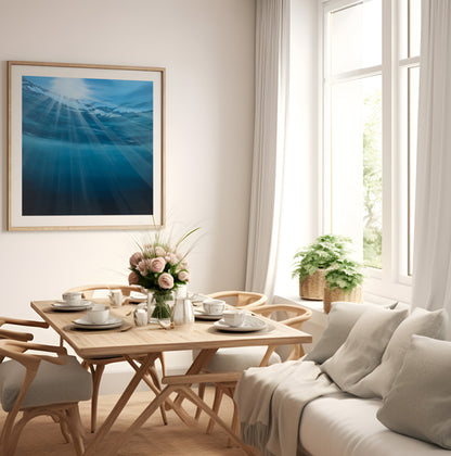 Modern contemporary seascape print featuring reflective ocean light and atmospheric blue tones by Magda Malak