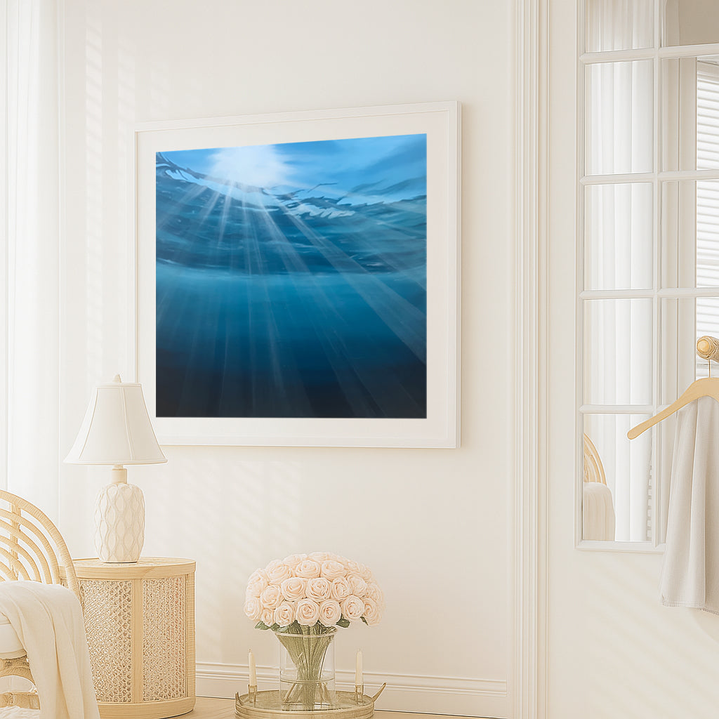 Modern contemporary seascape print featuring reflective ocean light and atmospheric blue tones by Magda Malak