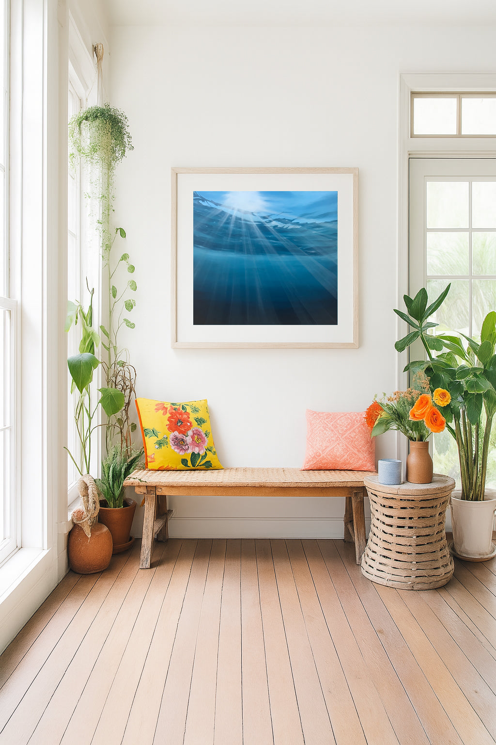 Modern contemporary seascape print featuring reflective ocean light and atmospheric blue tones by Magda Malak