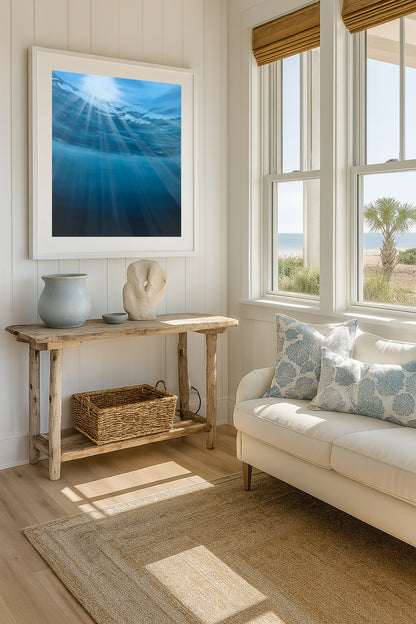 Modern contemporary seascape print featuring reflective ocean light and atmospheric blue tones by Magda Malak