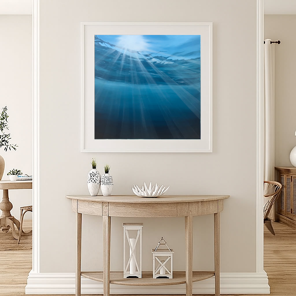 Modern contemporary seascape print featuring reflective ocean light and atmospheric blue tones by Magda Malak