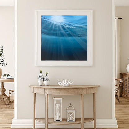Modern contemporary seascape print featuring reflective ocean light and atmospheric blue tones by Magda Malak
