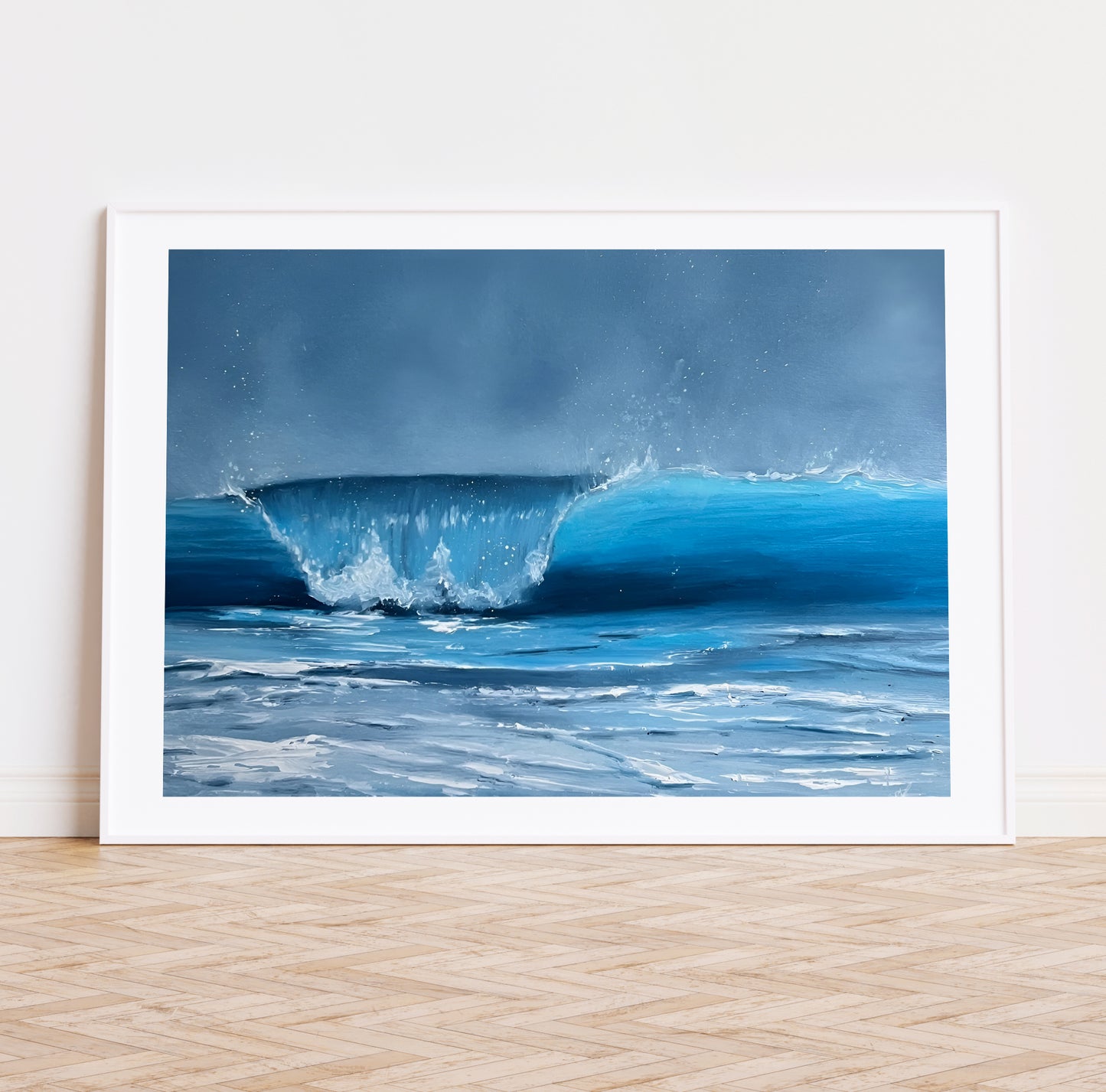 Modern contemporary seascape print featuring reflective ocean light and atmospheric blue tones by Magda Malak