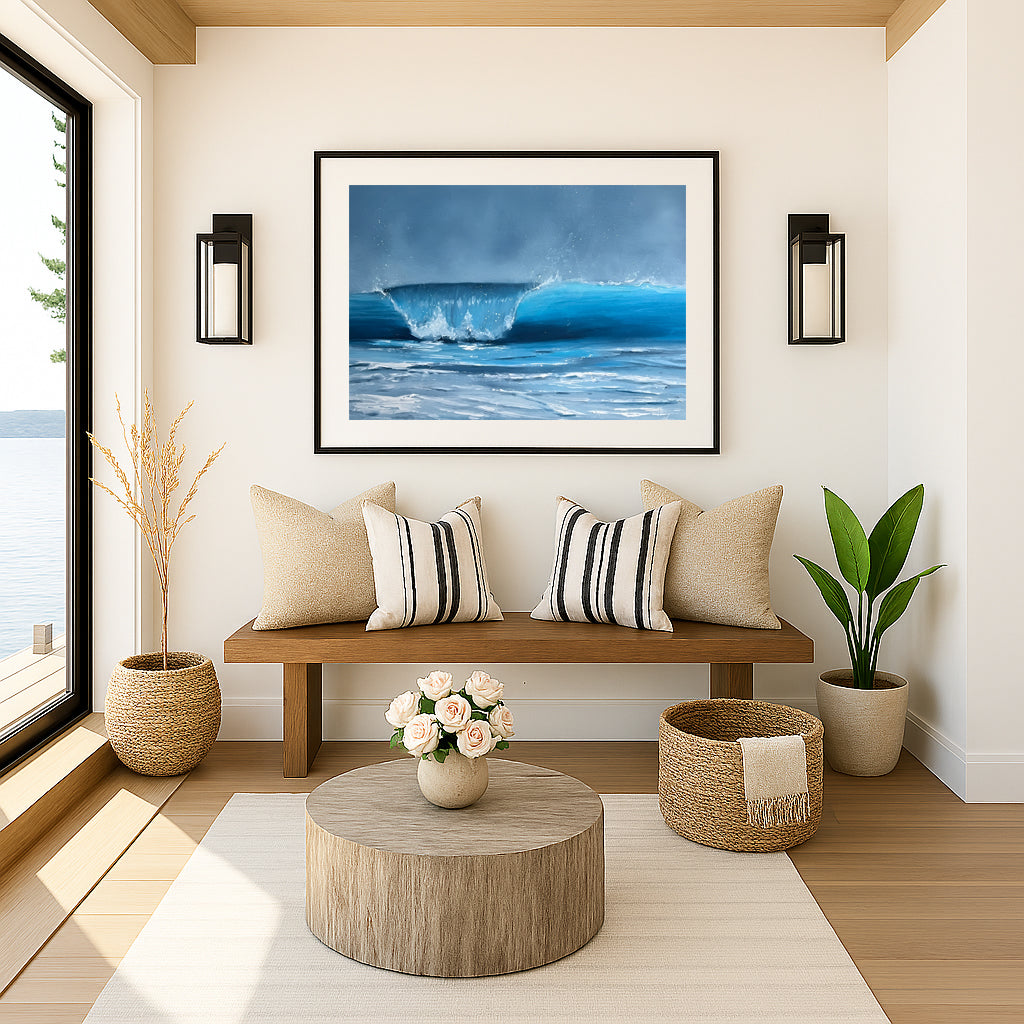 Modern contemporary seascape print featuring reflective ocean light and atmospheric blue tones by Magda Malak
