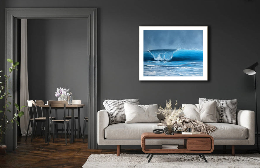Modern contemporary seascape print featuring reflective ocean light and atmospheric blue tones by Magda Malak