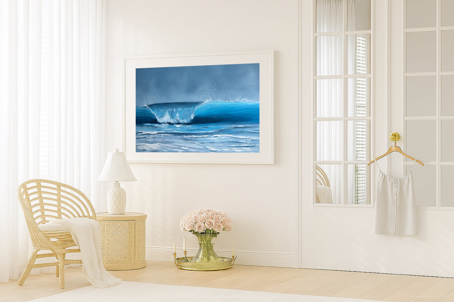 Modern contemporary seascape print featuring reflective ocean light and atmospheric blue tones by Magda Malak