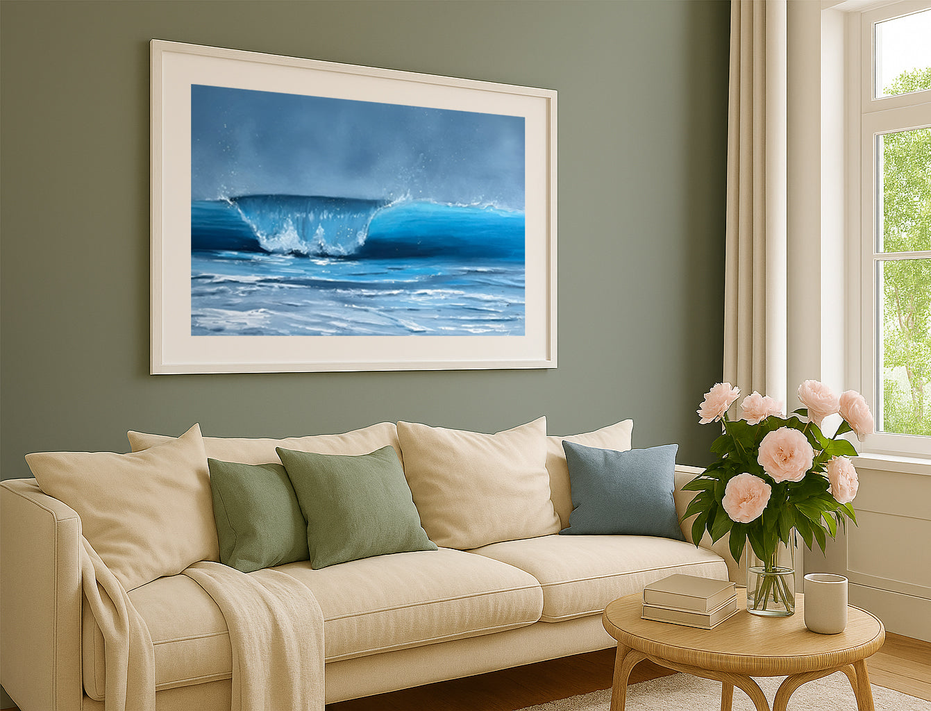 Modern contemporary seascape print featuring reflective ocean light and atmospheric blue tones by Magda Malak