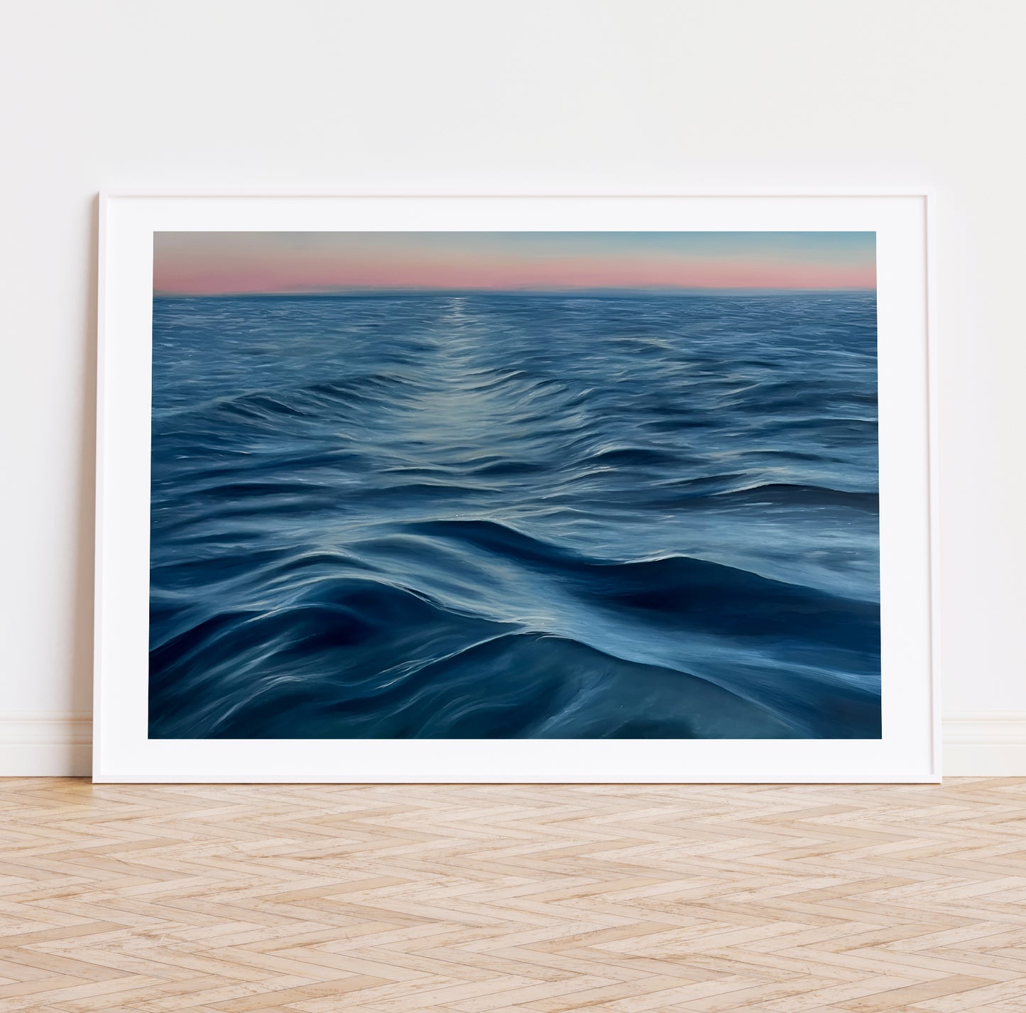Modern contemporary seascape print featuring reflective ocean light and atmospheric blue tones by Magda Malak
