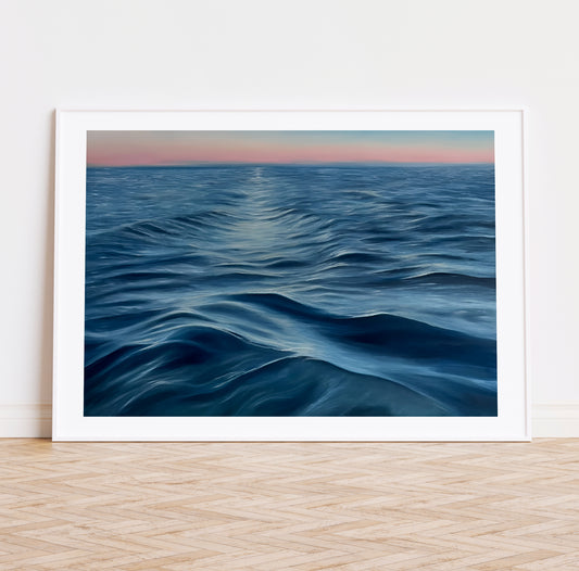 Modern contemporary seascape print featuring reflective ocean light and atmospheric blue tones by Magda Malak
