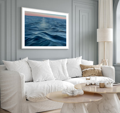 Modern contemporary seascape print featuring reflective ocean light and atmospheric blue tones by Magda Malak
