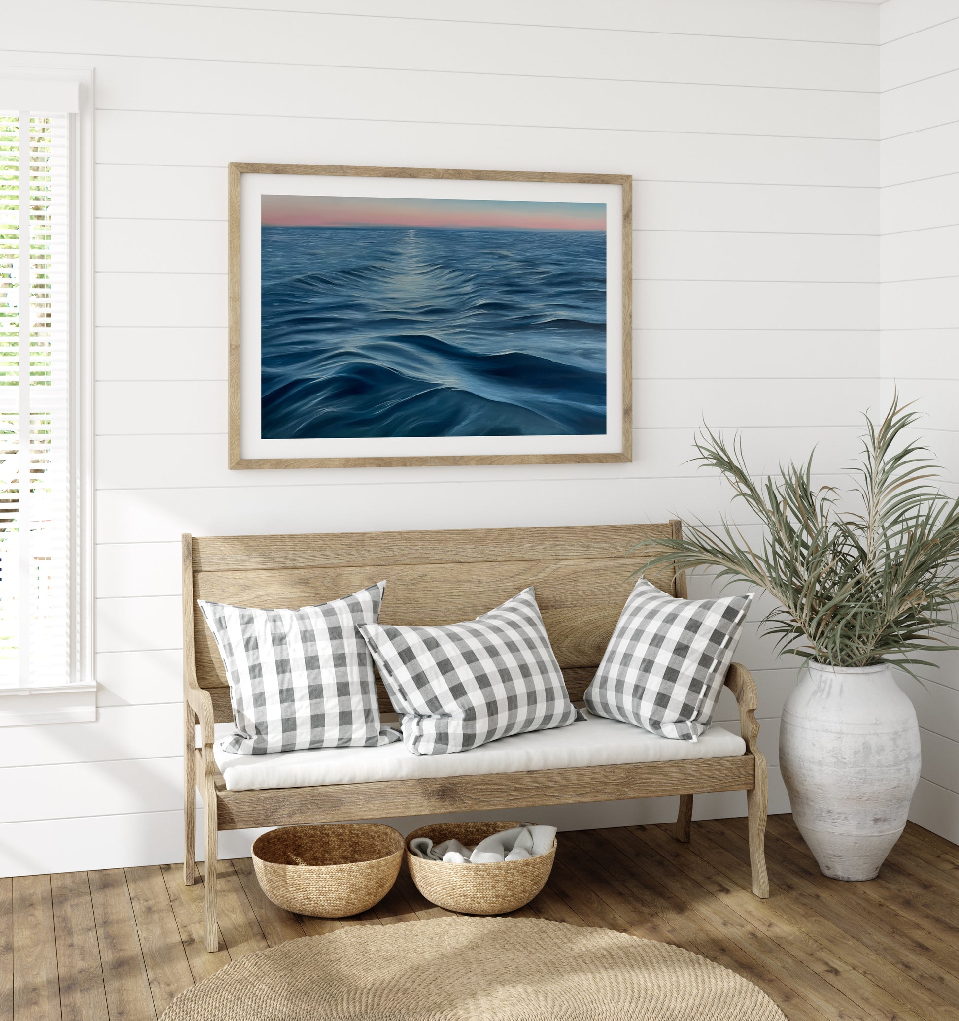 Modern contemporary seascape print featuring reflective ocean light and atmospheric blue tones by Magda Malak