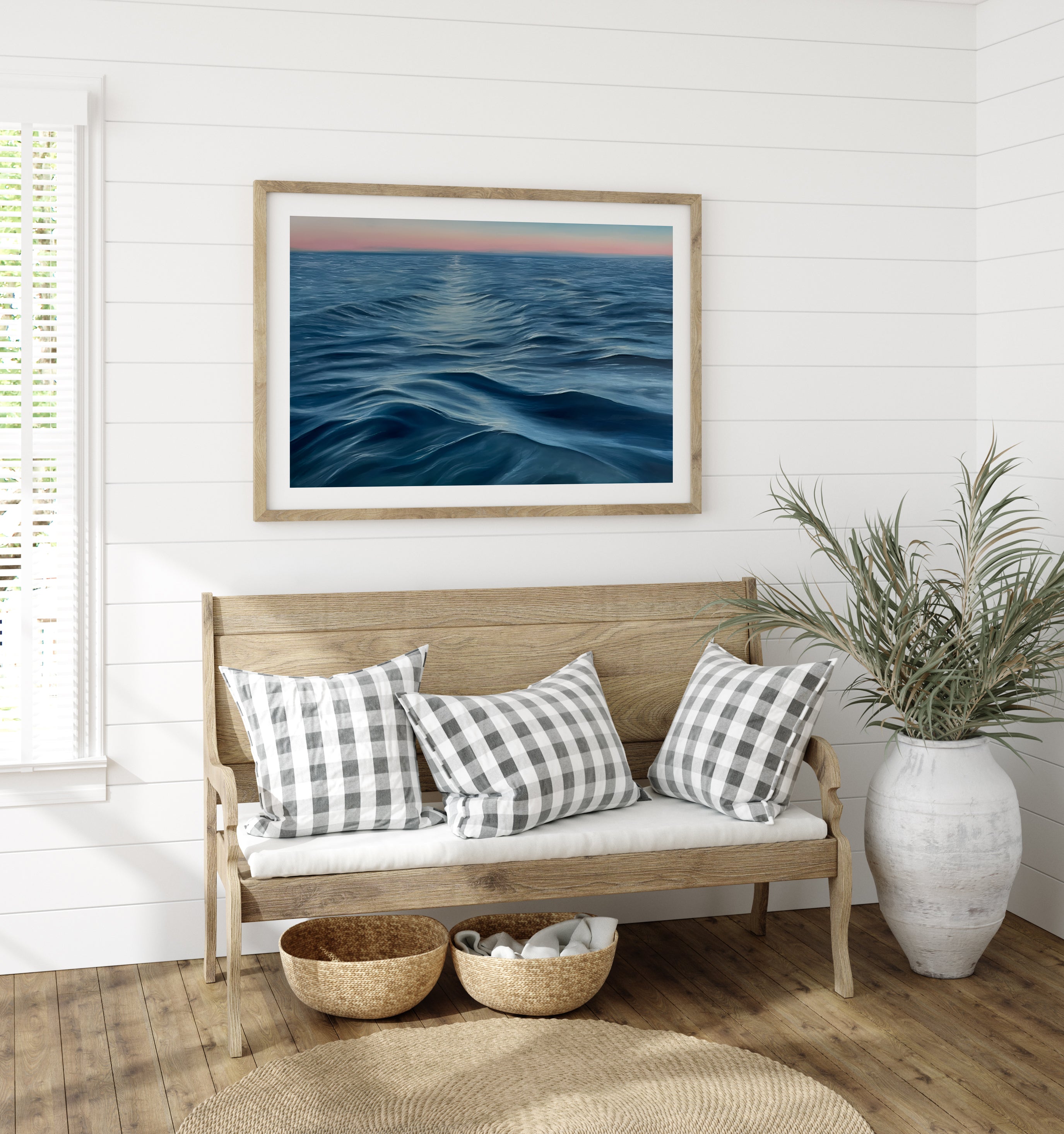 Modern contemporary seascape print featuring reflective ocean light and atmospheric blue tones by Magda Malak