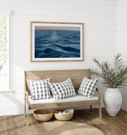 Modern contemporary seascape print featuring reflective ocean light and atmospheric blue tones by Magda Malak