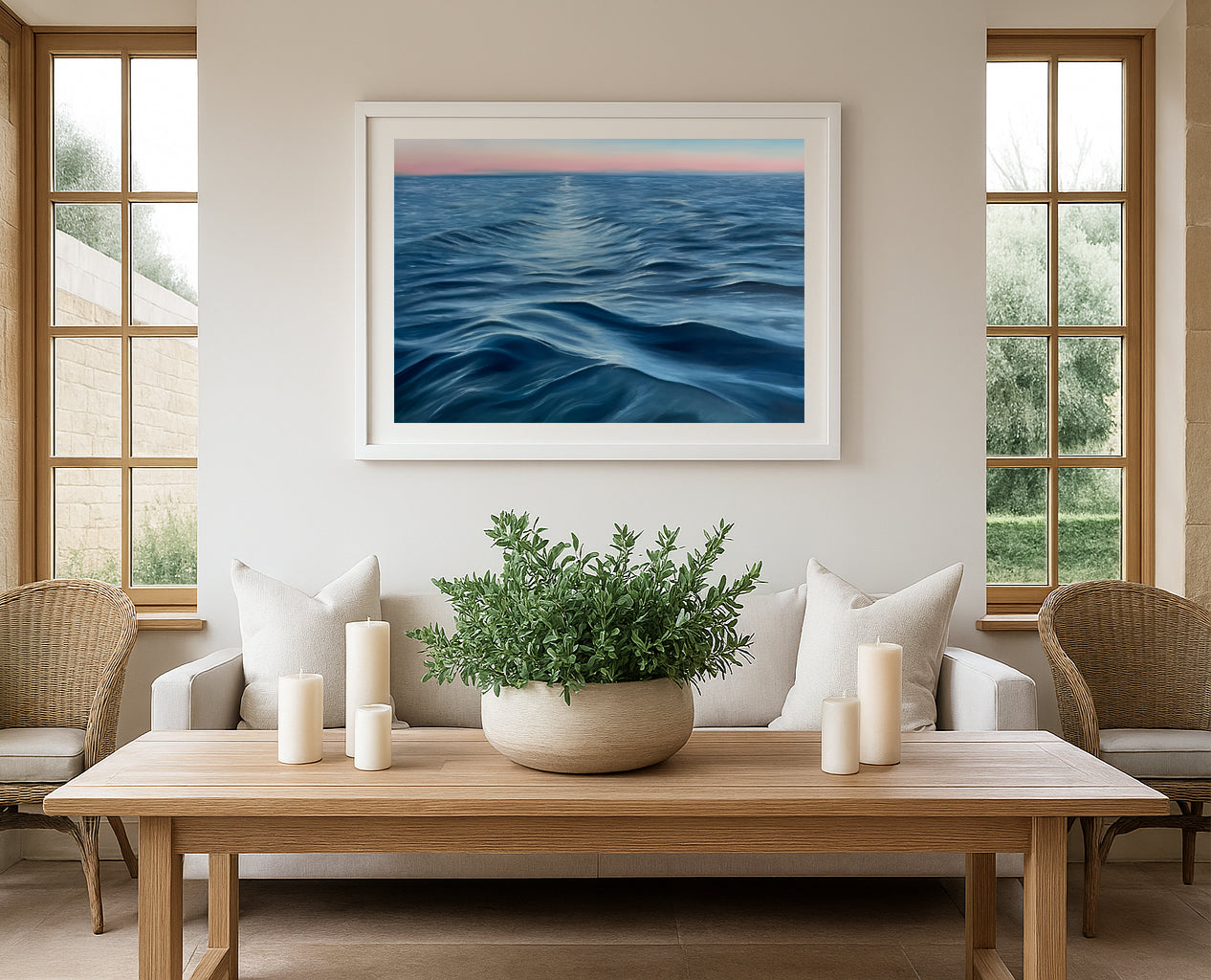 Modern contemporary seascape print featuring reflective ocean light and atmospheric blue tones by Magda Malak