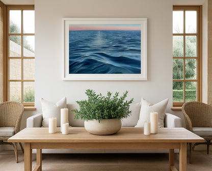 Modern contemporary seascape print featuring reflective ocean light and atmospheric blue tones by Magda Malak