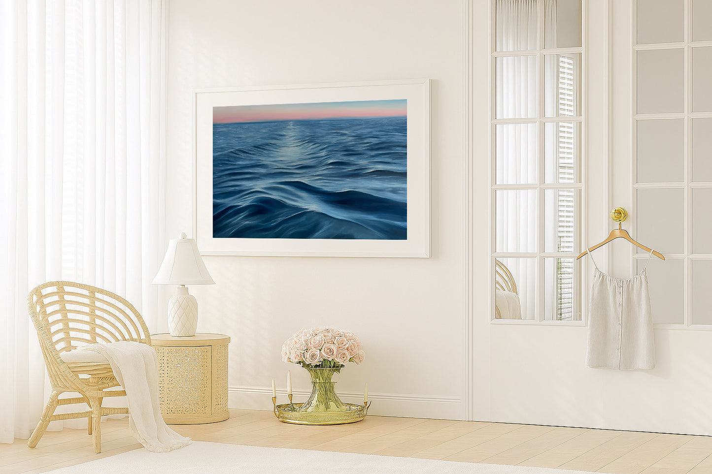 Modern contemporary seascape print featuring reflective ocean light and atmospheric blue tones by Magda Malak