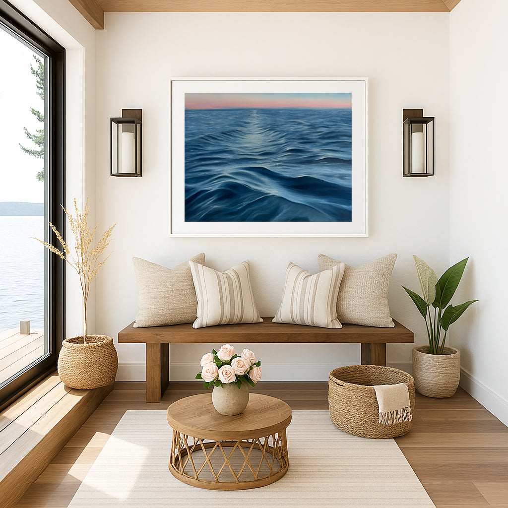 Modern contemporary seascape print featuring reflective ocean light and atmospheric blue tones by Magda Malak