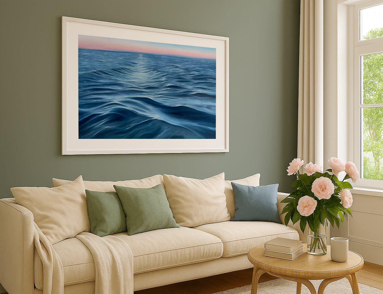 Modern contemporary seascape print featuring reflective ocean light and atmospheric blue tones by Magda Malak